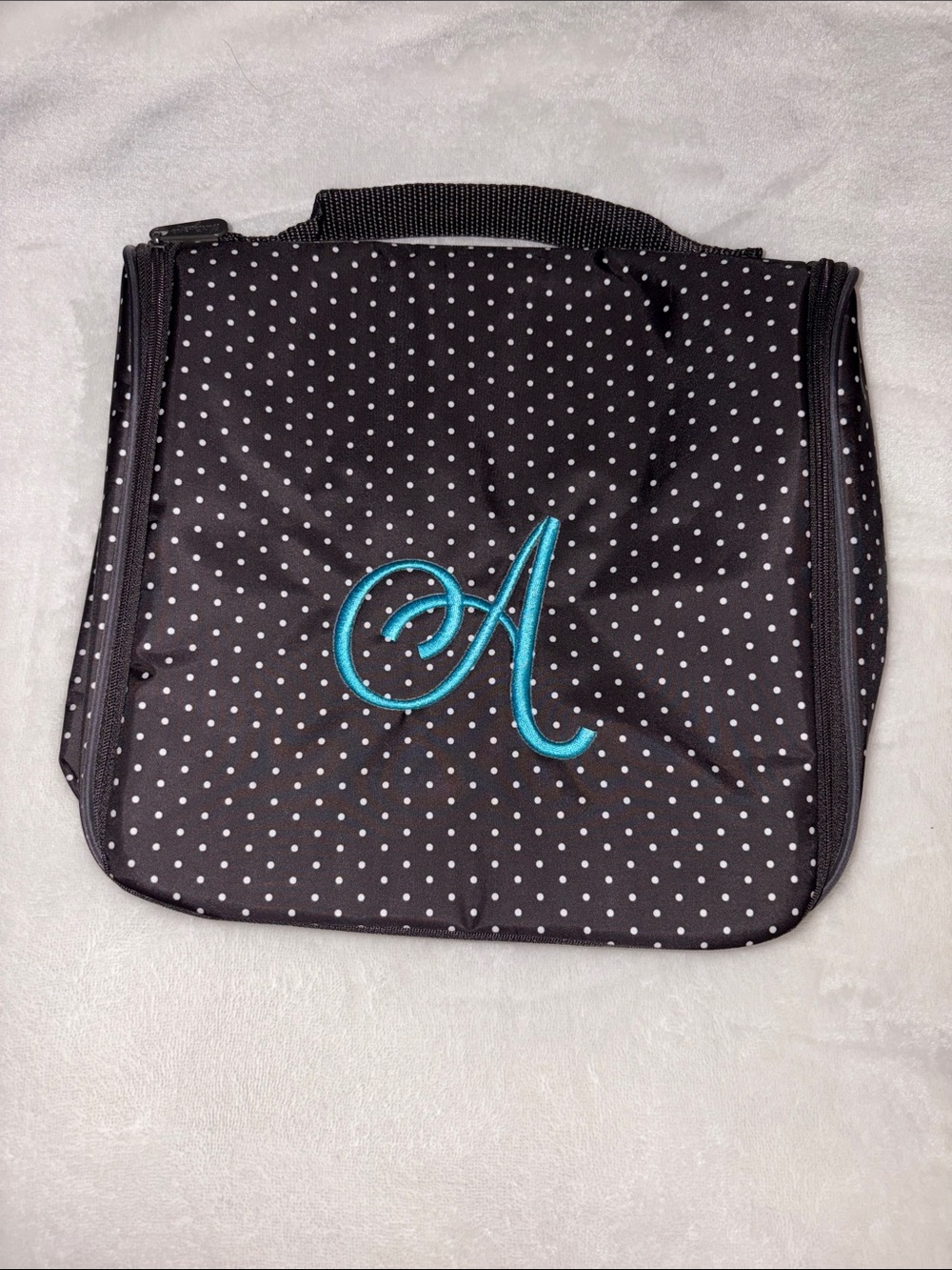 Thirty-One Hanging Traveler Case Black Swiss Dot Embroidered “A”